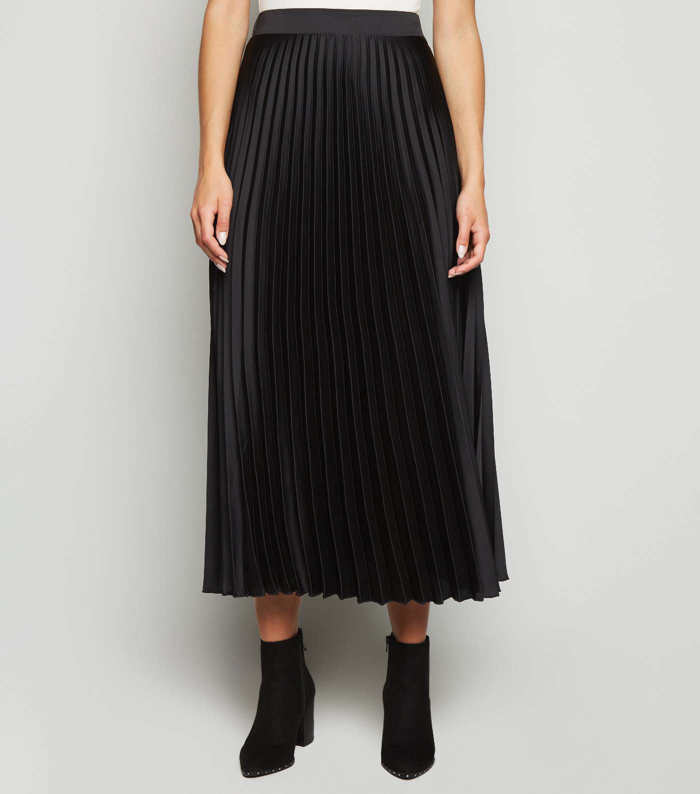 Tall Black Satin Pleated Midi Skirt Image 2