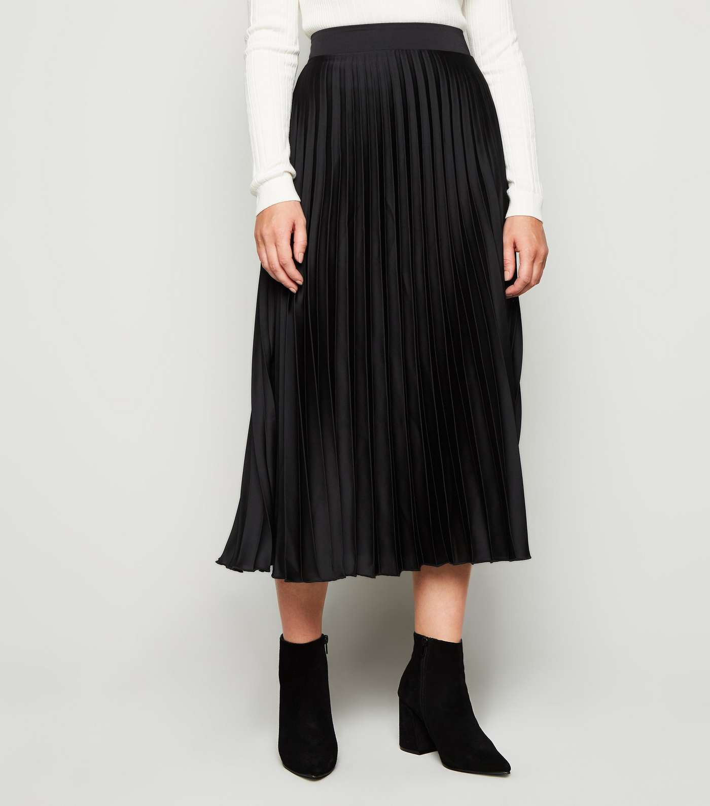 Petite Black Satin Pleated Midi Skirt Image 2