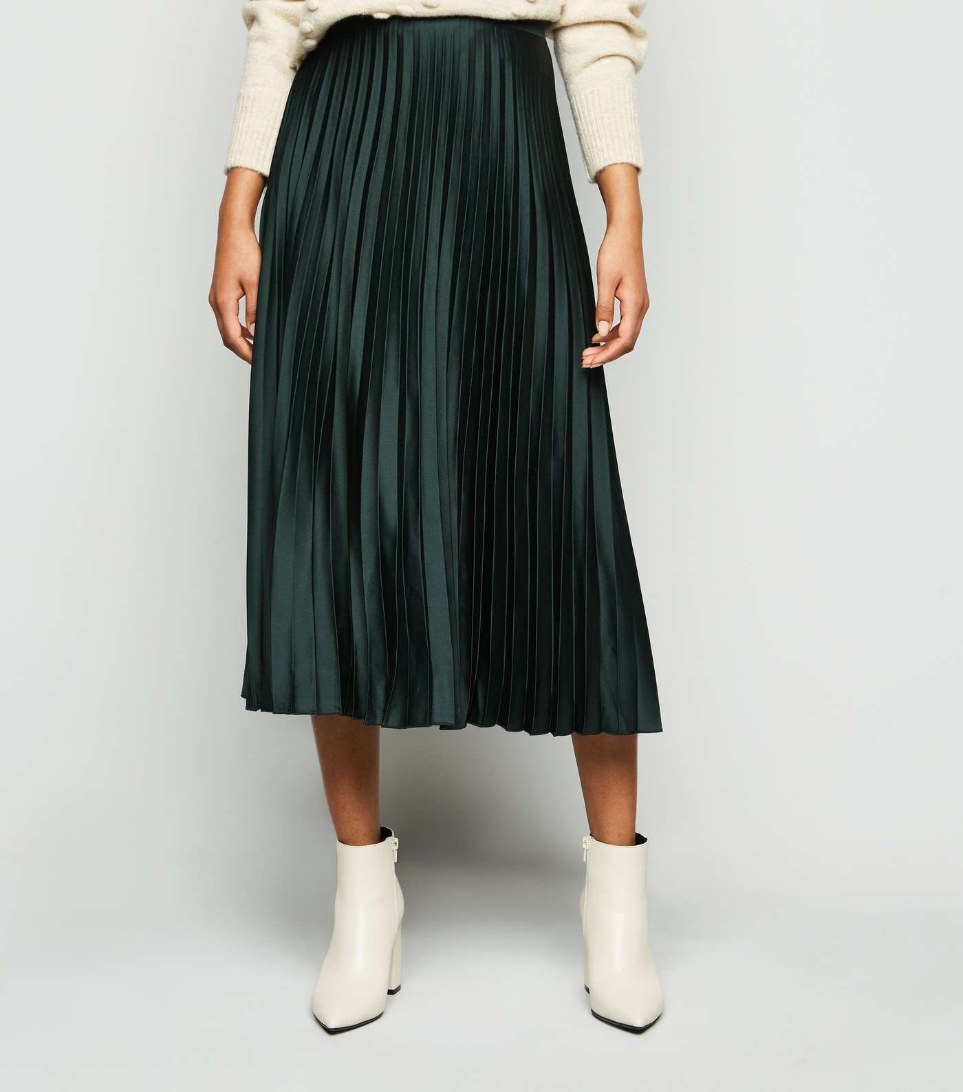 Petite Dark Green Satin Pleated Midi Skirt Image 2