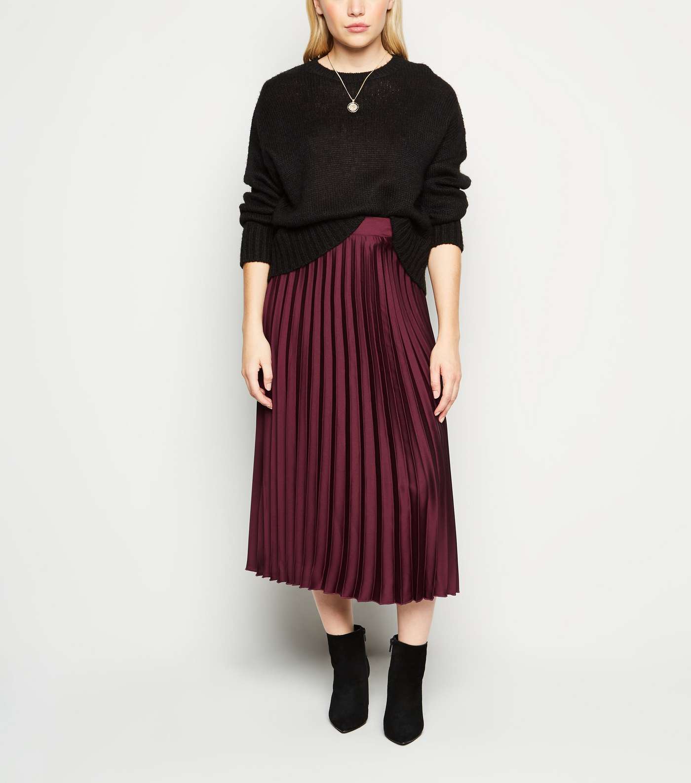 Petite Burgundy Satin Pleated Midi Skirt