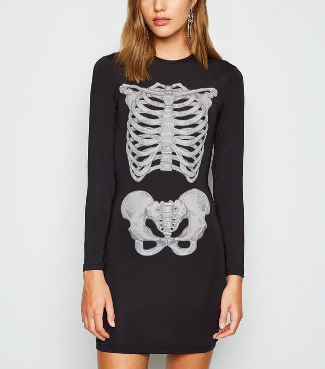 Brave Soul – Schwarzes, figurbetontes Kleid mit Halloween-Skelett