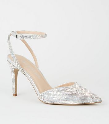 silver diamante court shoes