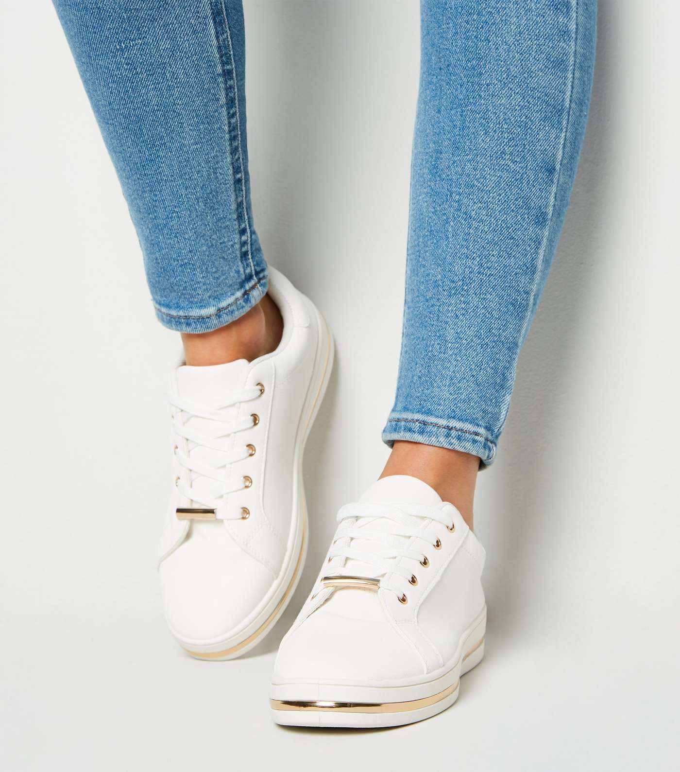 White Leather-Look Metal Trim Trainers Image 2