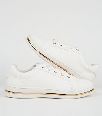 White Leather-Look Metal Trim Trainers 