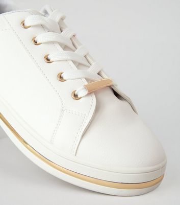 White Leather-Look Metal Trim Trainers 