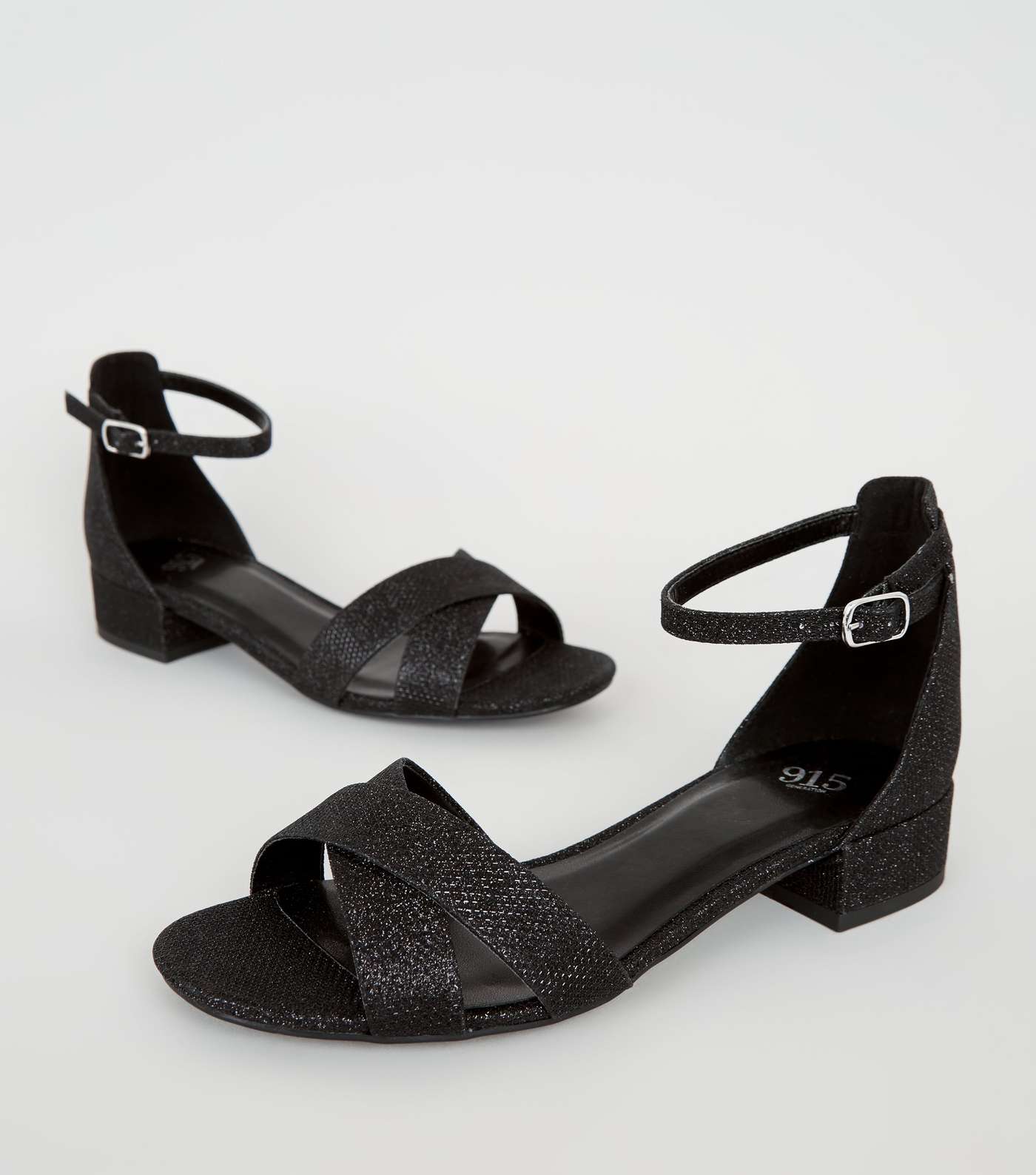 Girls Black Glitter Low Block Heel Sandals Image 4