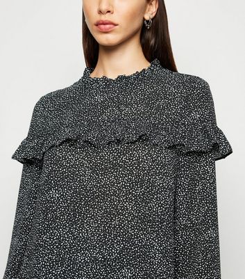 Image of Black Spot Frill Trim Long Sleeve Top New Look