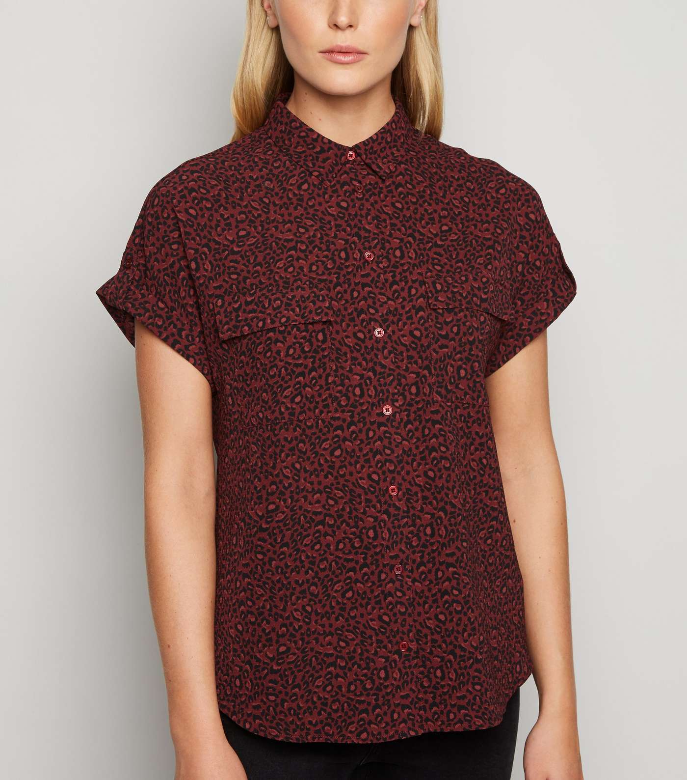 Red Leopard Print Short Sleeve Utility Shirt