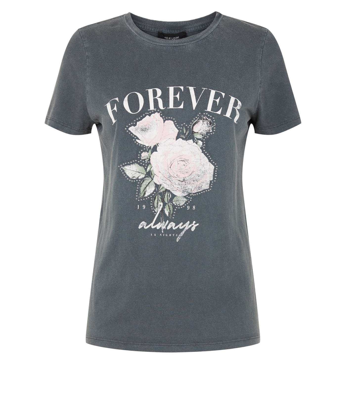 Dark Grey Acid Wash Rose Forever Slogan T-Shirt Image 4