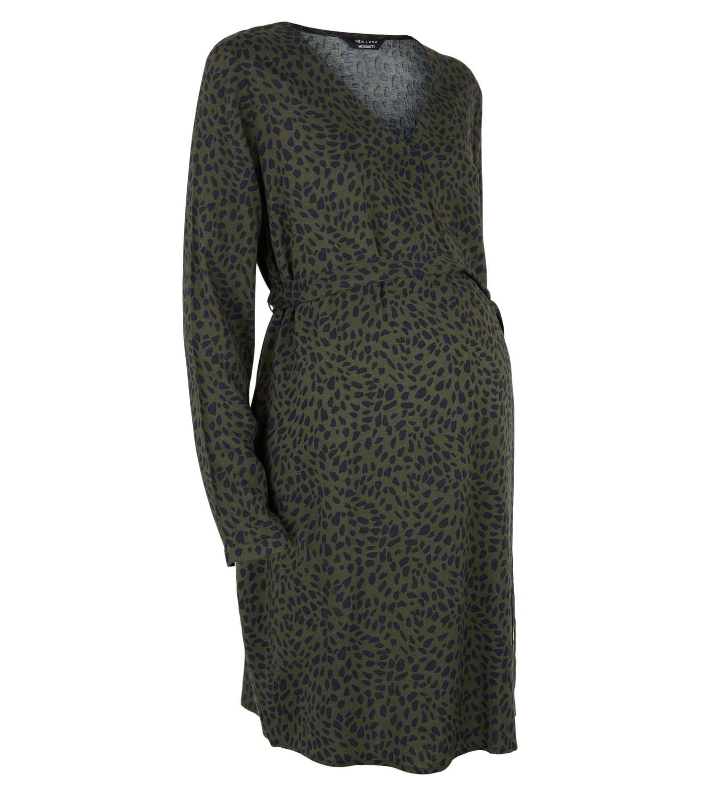 Maternity Dark Green Leopard Print Belted Dress Image 4