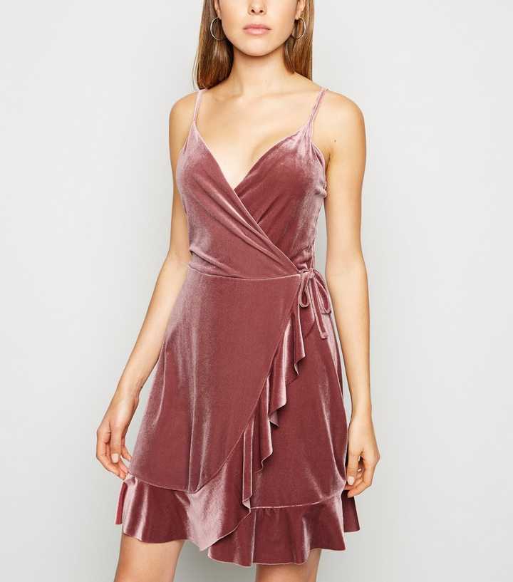 Pale Pink Velvet Frill Wrap Dress | New Look