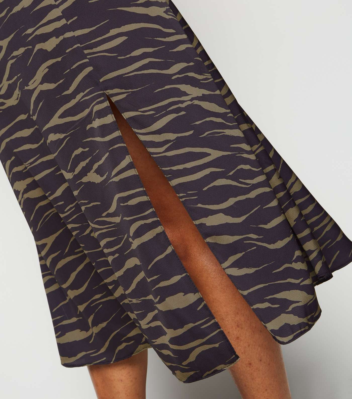 Petite Khaki Satin Tiger Print Midi Skirt Image 5