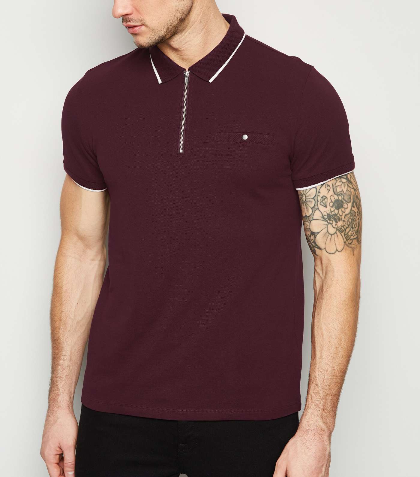 Burgundy Tipped Zip Front Polo Shirt