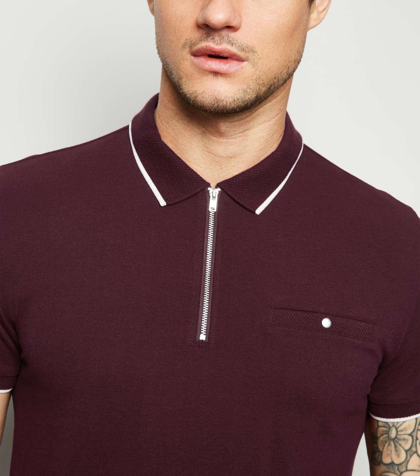 Burgundy Tipped Zip Front Polo Shirt Image 5