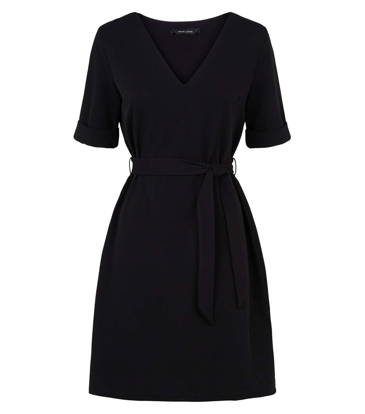 Black Crepe V Neck Belted Tunic Dress Image 4