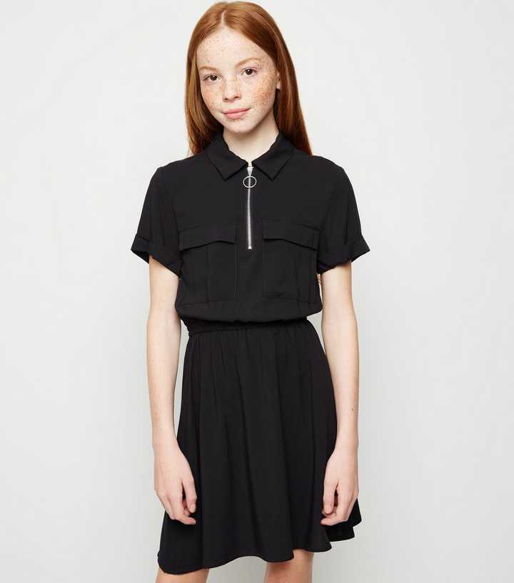 Girls Black Zip Utility Shirt Dress