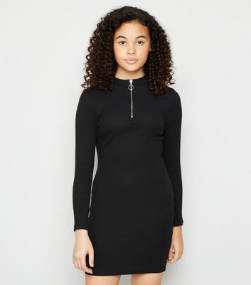black bodycon dress with zip up front