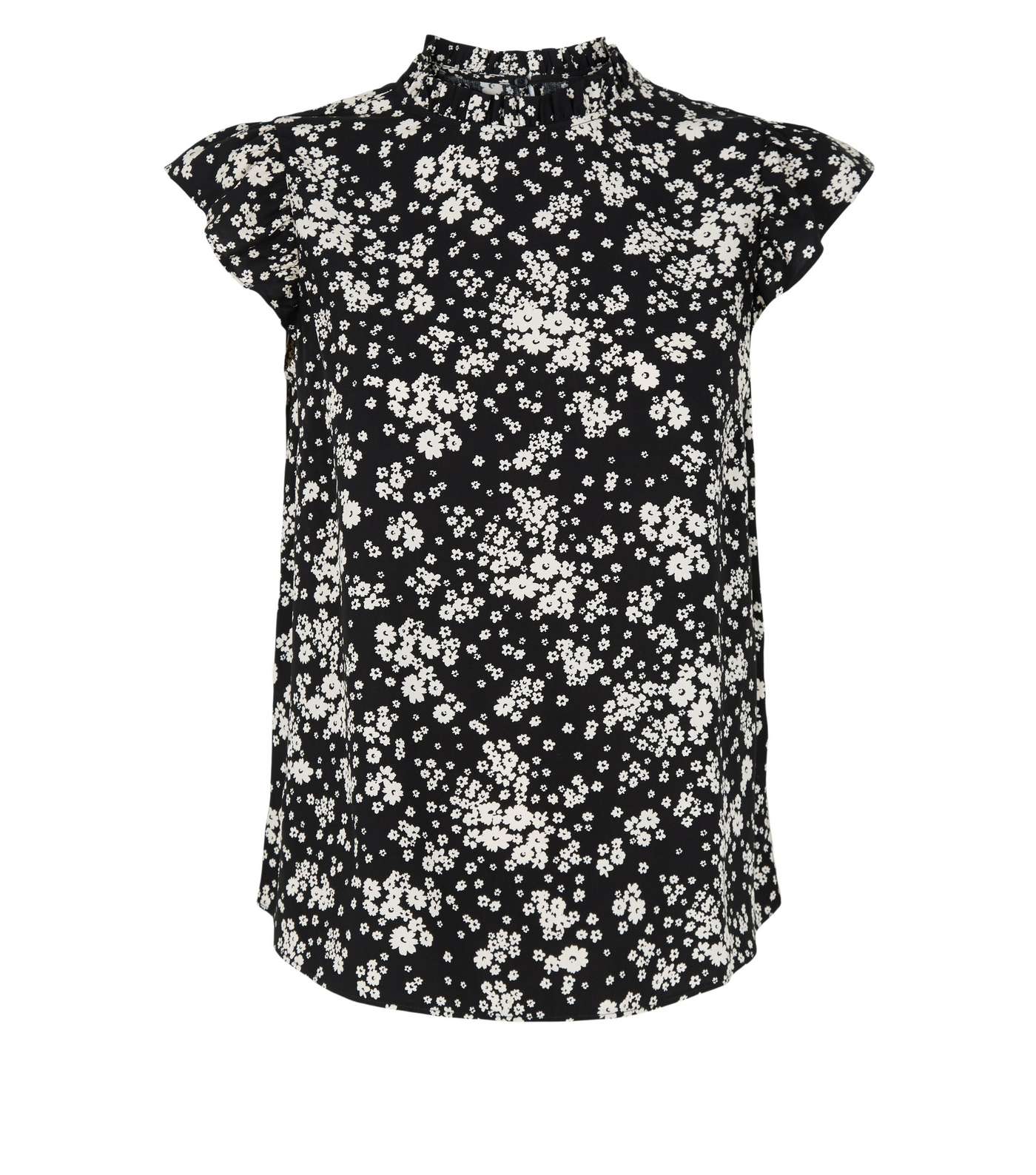 Petite Black Ditsy Floral High Neck Frill Top Image 4