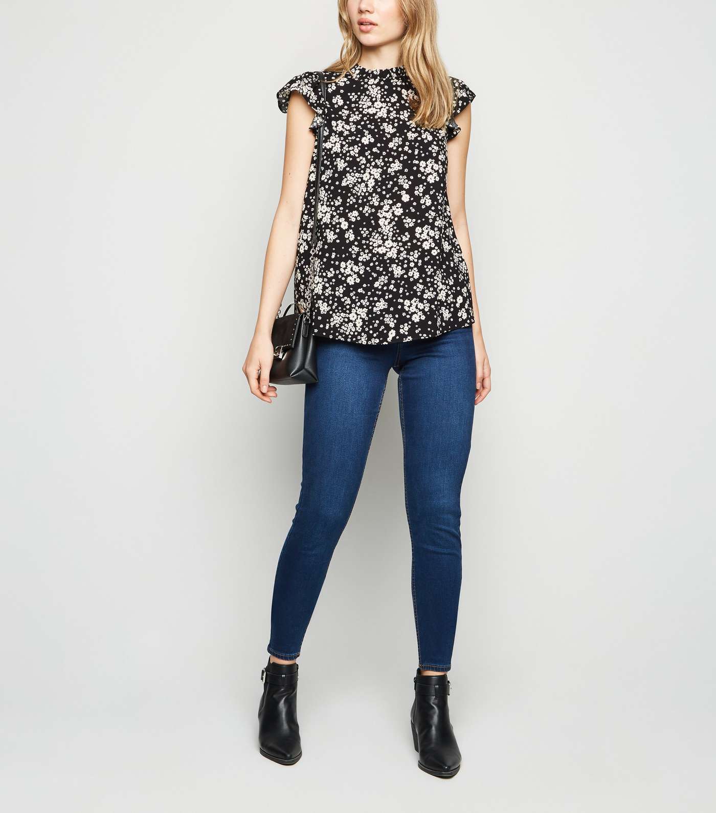 Tall Black Ditsy Floral Frill Blouse Image 2