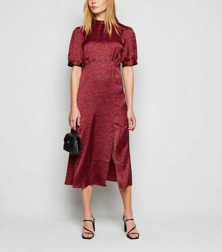 Red Leopard Print Satin Midi Dress