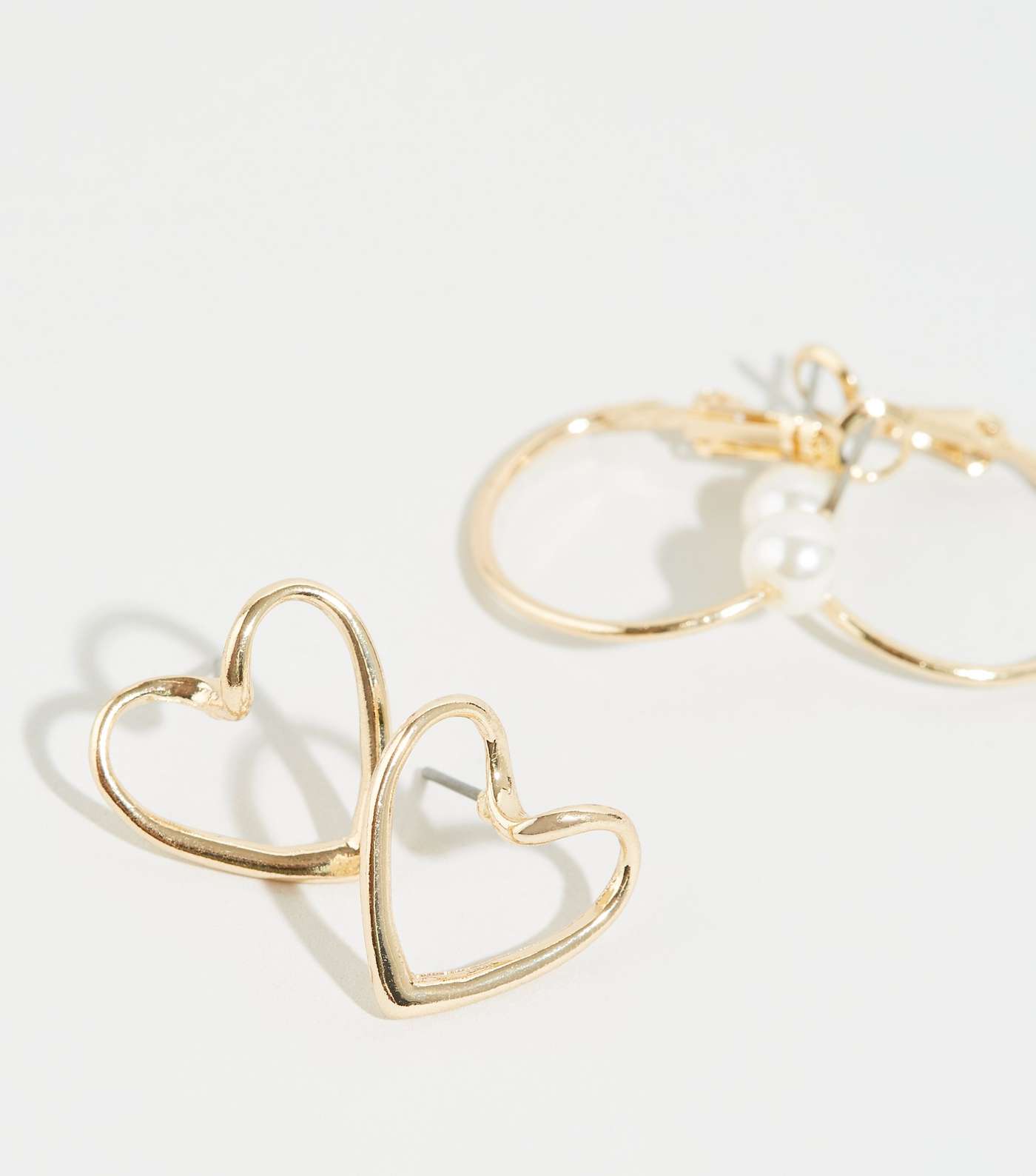 2 Pack Gold Heart Stud and Faux Pearl Hoop Earrings Image 3