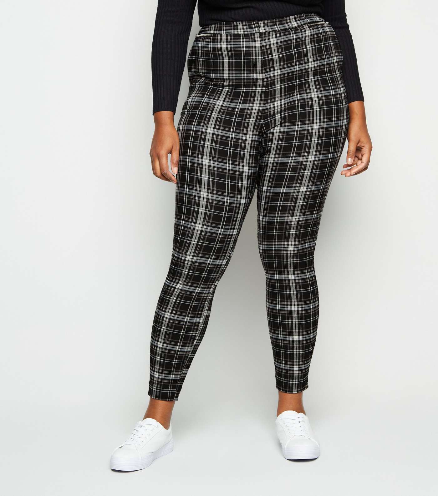 Curves Black Check Slim Stretch Trousers Image 2