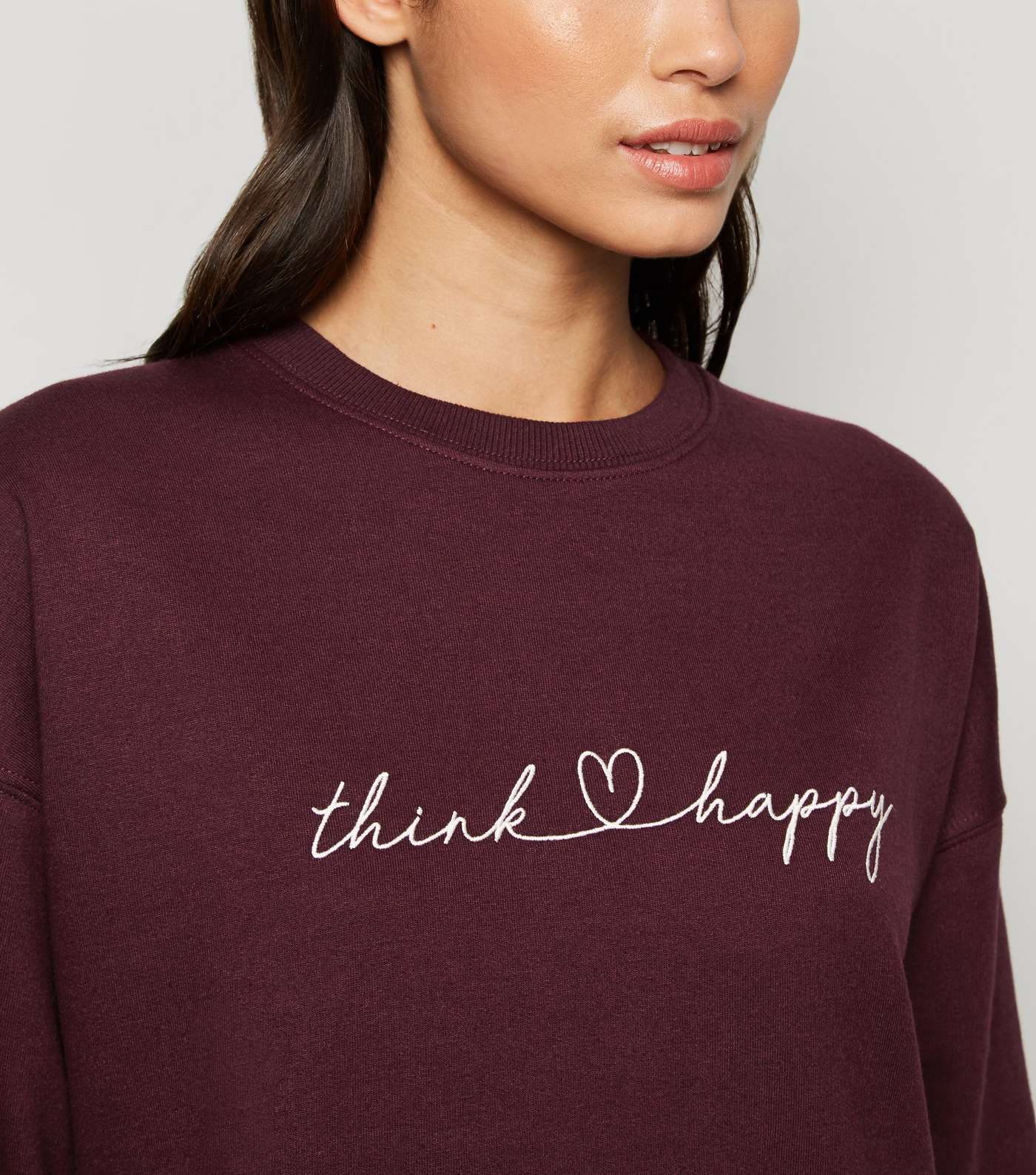 Burgundy Think Happy Slogan Oversized Sweatshirt Image 5