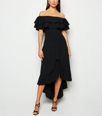 black ruffle bardot dress