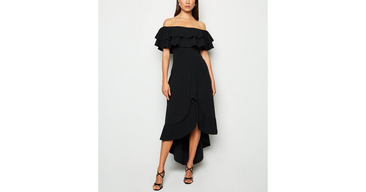Missfiga Black Ruffle Trim Bardot Midi Dress | New Look