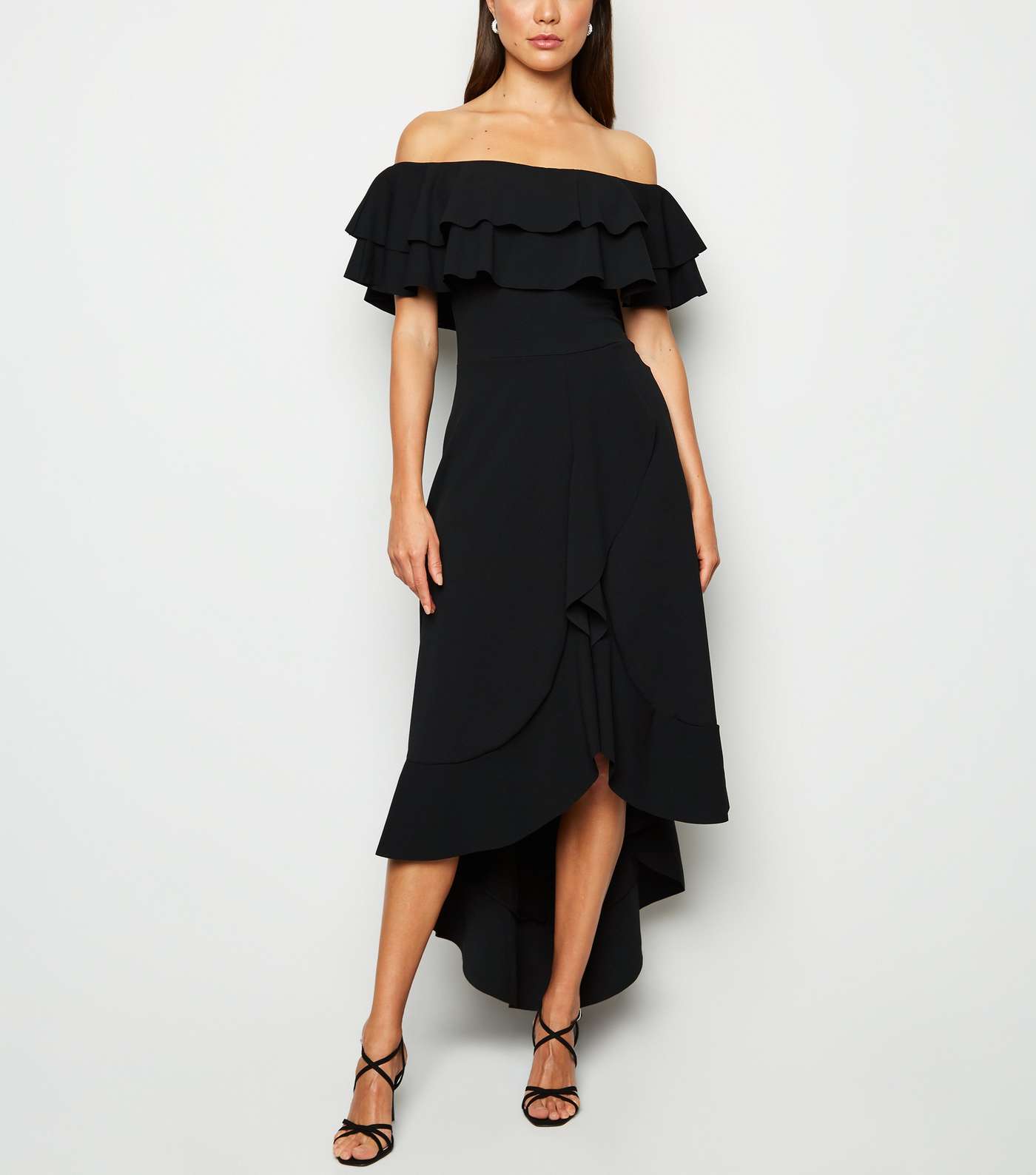 Missfiga Black Ruffle Trim Bardot Midi Dress