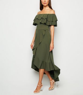 Missfiga Khaki Ruffle Trim Bardot Midi Dress | New Look