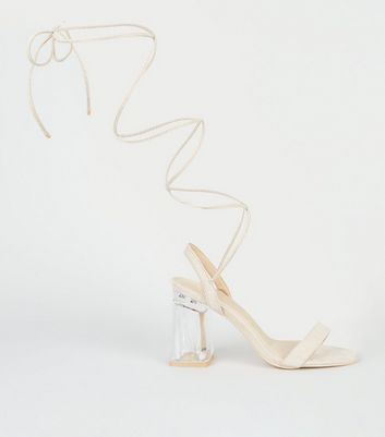 Cream Suedette Ankle Tie Clear Block 