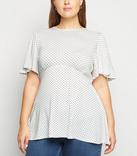Curves White Spot Tie Waist Peplum Top