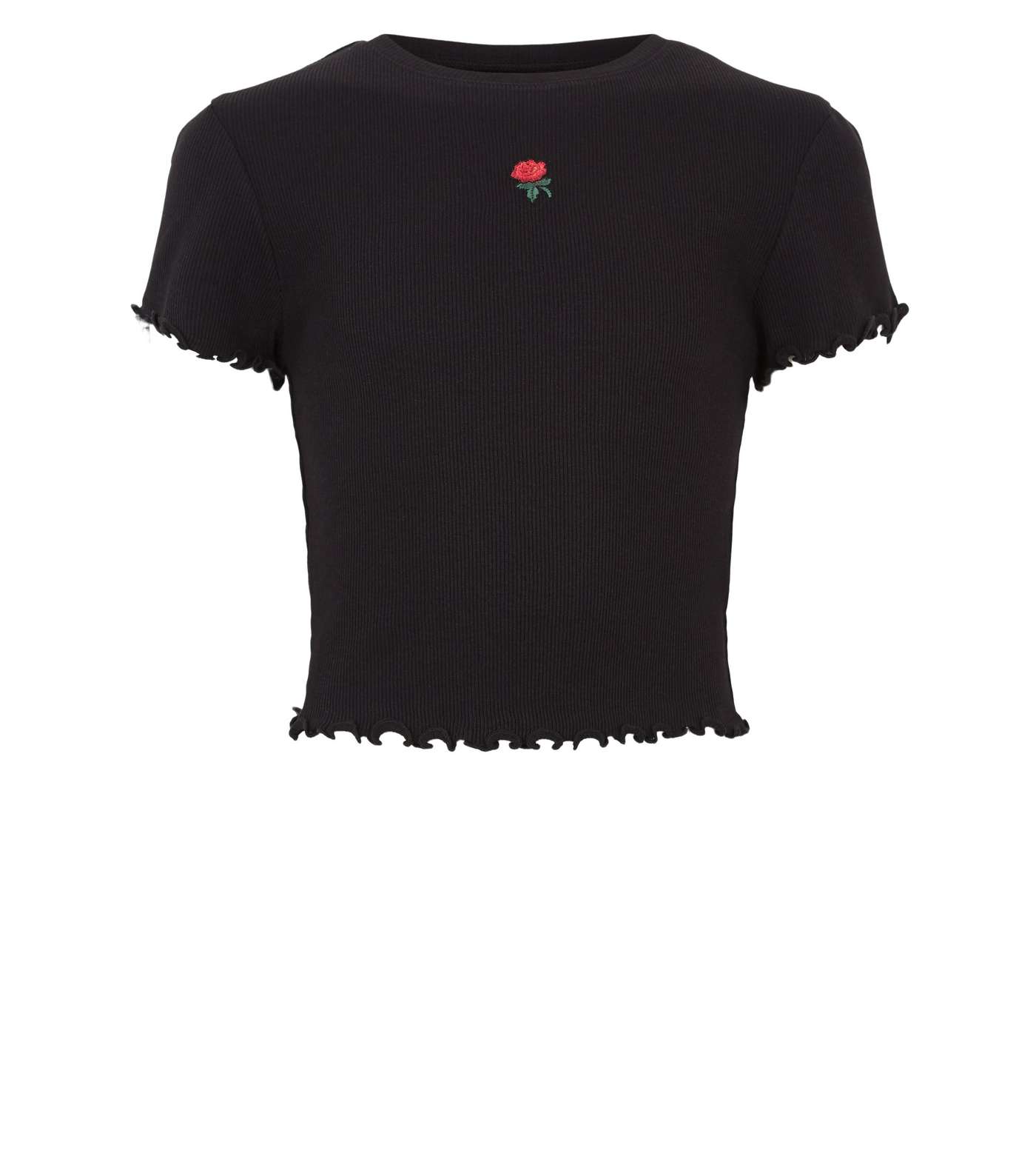 Girls Black Ribbed Embroidered Rose T-Shirt Image 4
