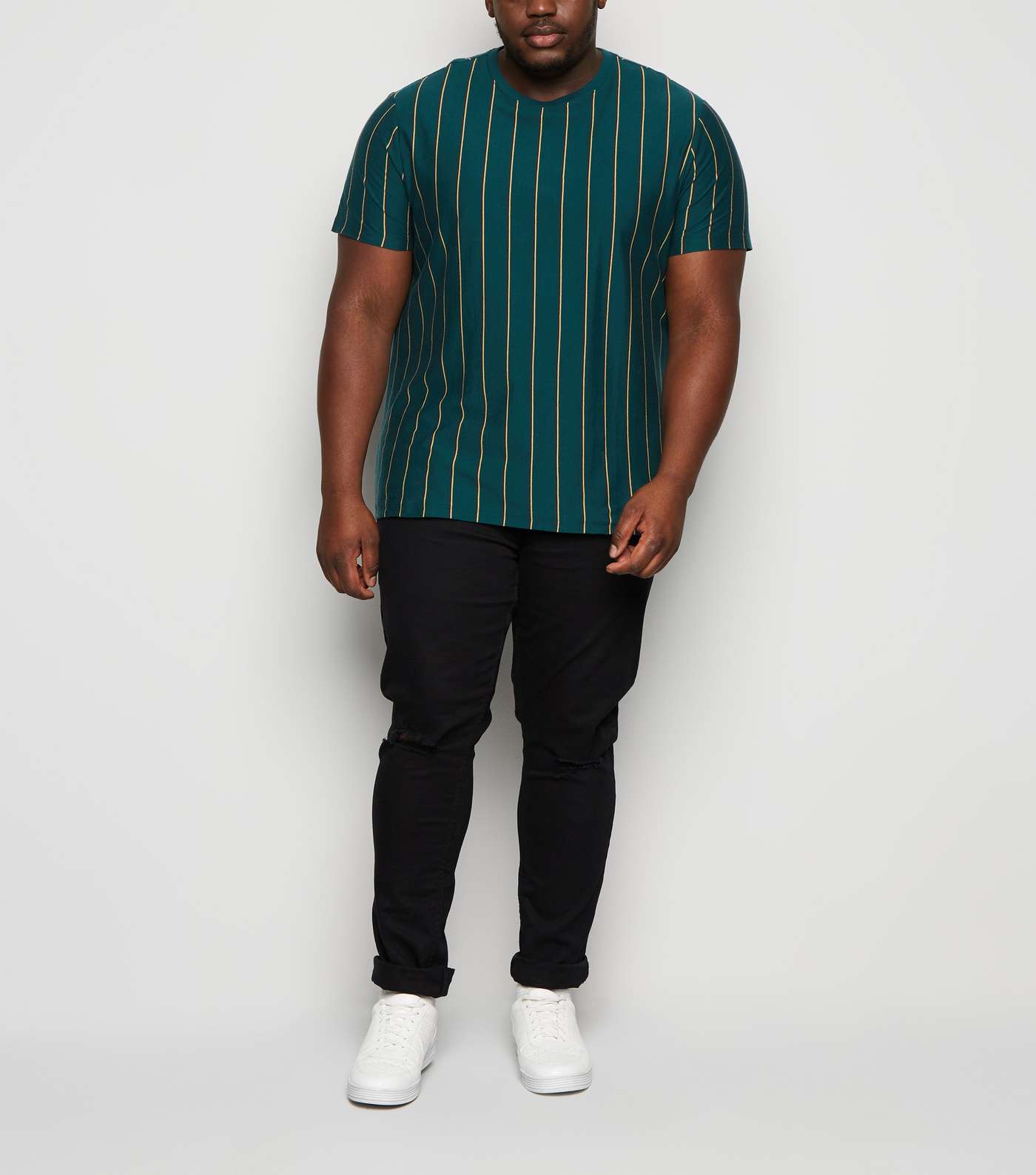 Plus Size Dark Green Stripe Crew Neck T-Shirt Image 2