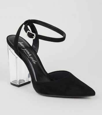 Black Suedette Clear Block Heel Court Shoes | New Look