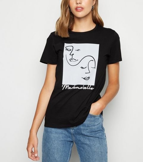 Black French Slogan Face Print T-Shirt