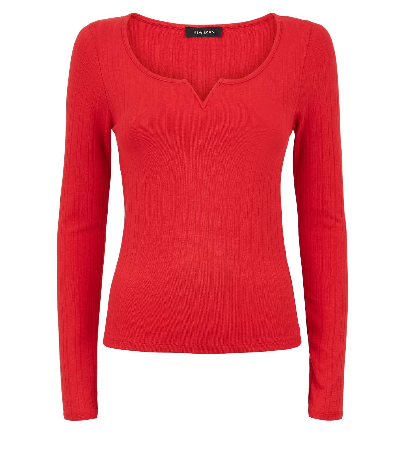 Red Ribbed Notch Neck Long Sleeve T-Shirt Image 4