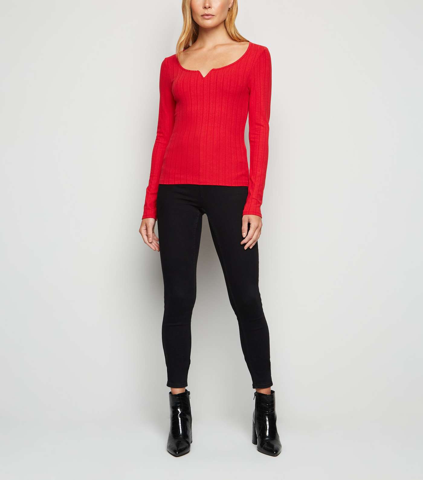 Red Ribbed Notch Neck Long Sleeve T-Shirt Image 2