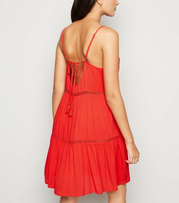 Image of Red Crochet Panel Swing Beach Dress New Look