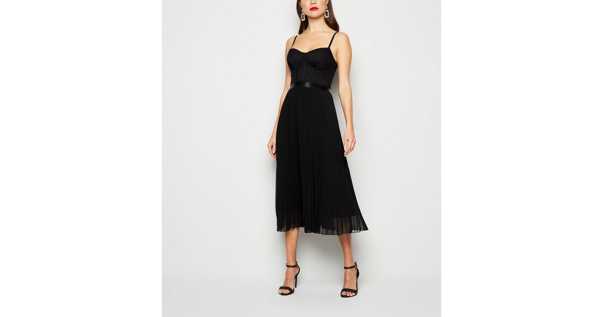 Black Bustier Pleated Midi Dress | New Look