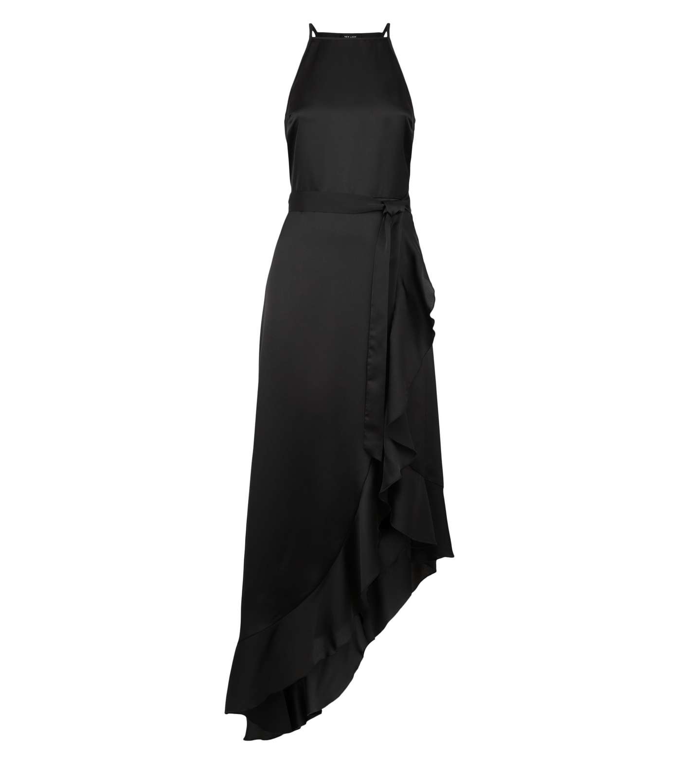 Black Satin Ruffle Tie Midi Dress Image 4