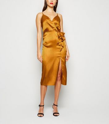 Mustard Satin Snake Jacquard Ruffle Midi Dress New Look