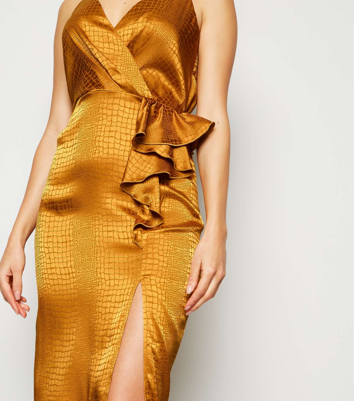 Mustard Satin Snake Jacquard Ruffle Midi Dress Image 3