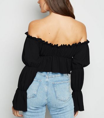 Image of Black Ruffle Trim Bardot Top New Look
