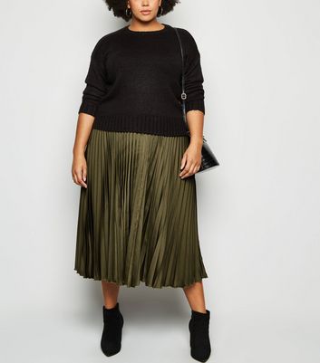 Curves Khaki Satin Pleated Midi Skirt New Look