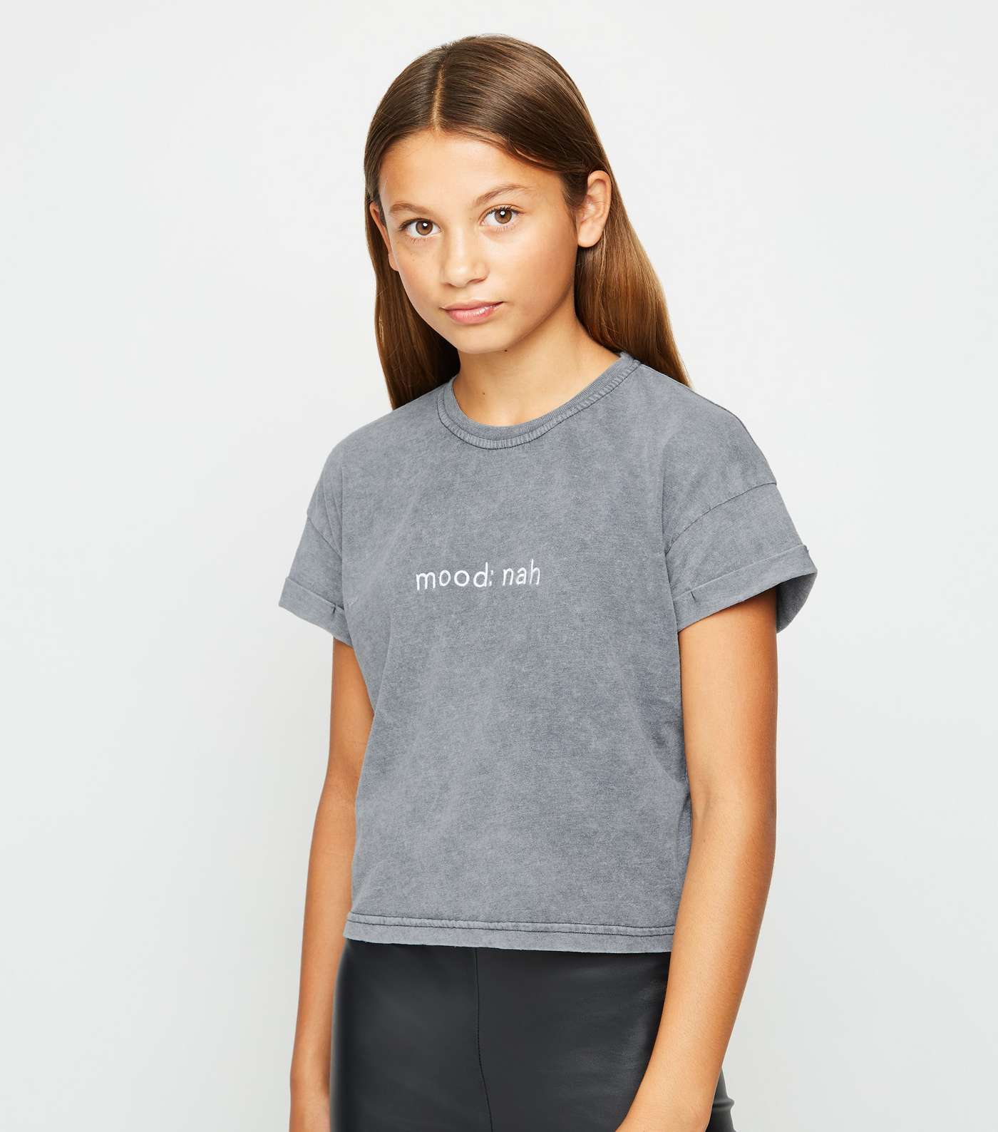 Girls Dark Grey Acid Wash Mood Nah Slogan T-Shirt