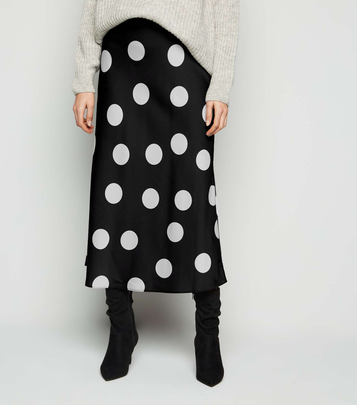 Black Bias Cut Satin Spot Midi Skirt Image 2