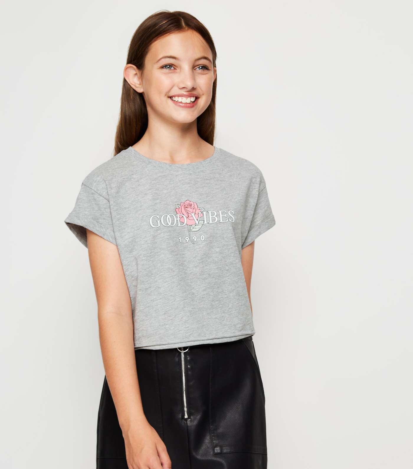 Girls Grey Rose Good Vibes Slogan T-Shirt