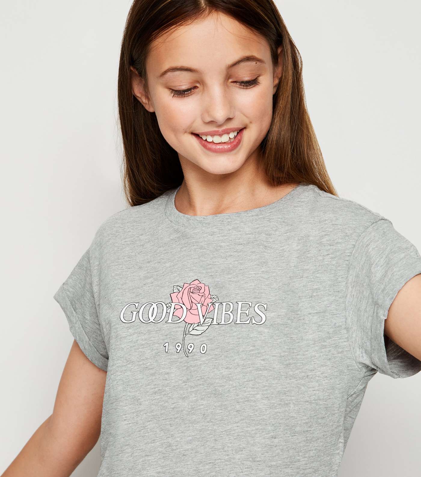 Girls Grey Rose Good Vibes Slogan T-Shirt Image 3